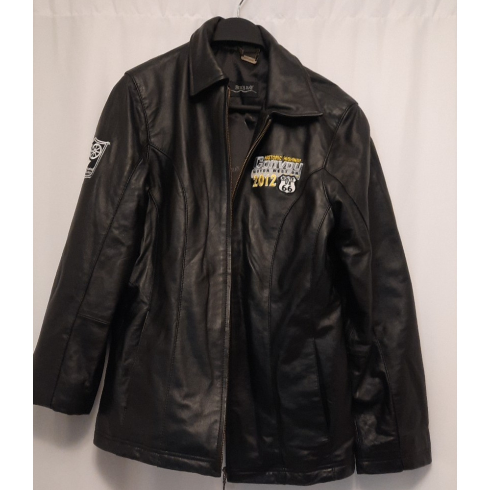 Burt's Bay black leather jacket route 66 American truck historical society M